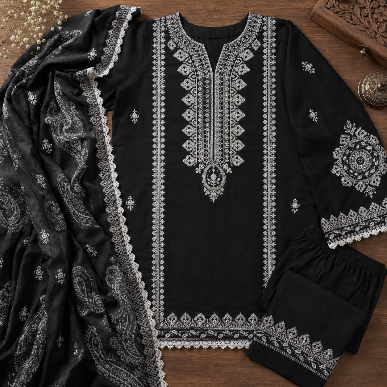Black Embroidered 3 Piece Unstitched Lawn Suit – image 3 of 3