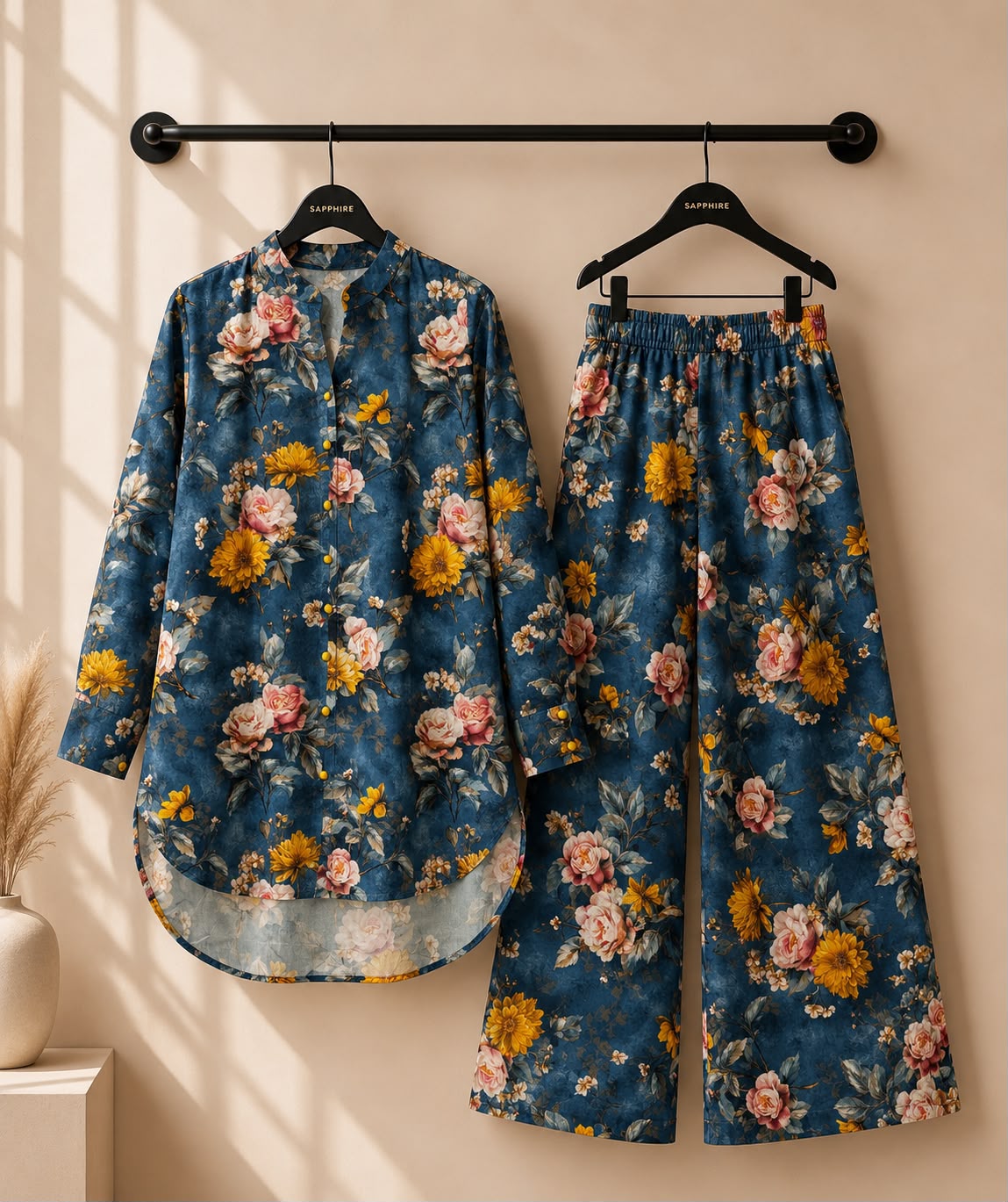 Denim Blue Floral Printed 2 Piece Co-ord Set