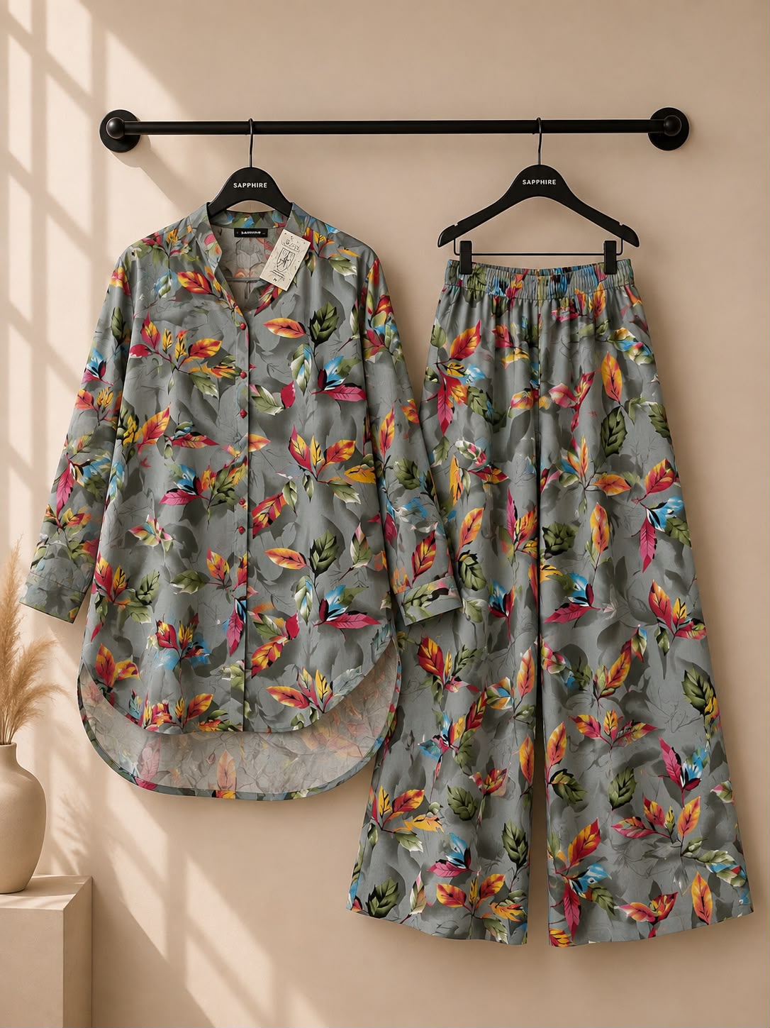 Grey Multicolor Leaf Printed 2 Piece Co-ord Set