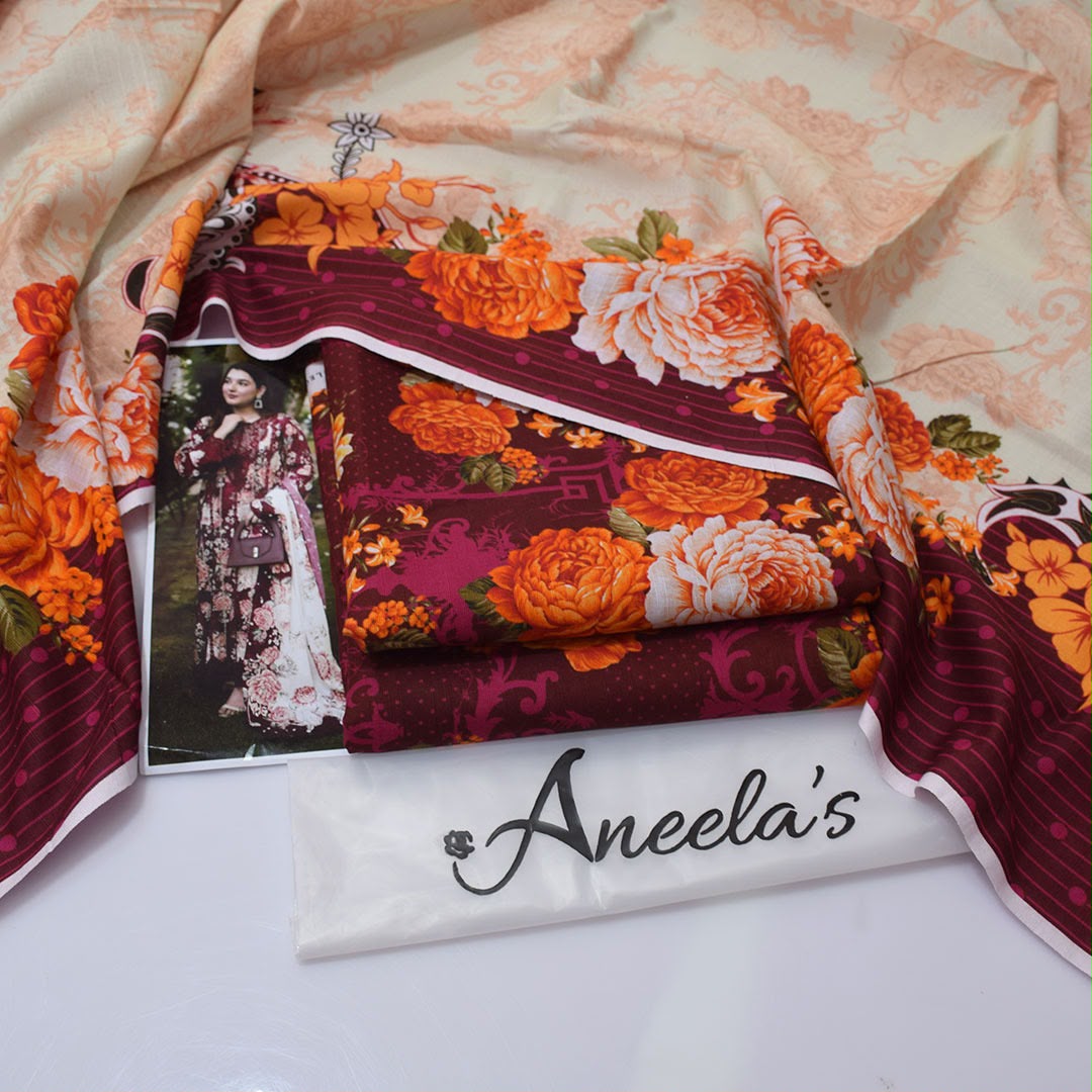 Aneela's Collection Maroon Wine Digital Printed Khaddar 3 Piece Unstitched Suit - back view