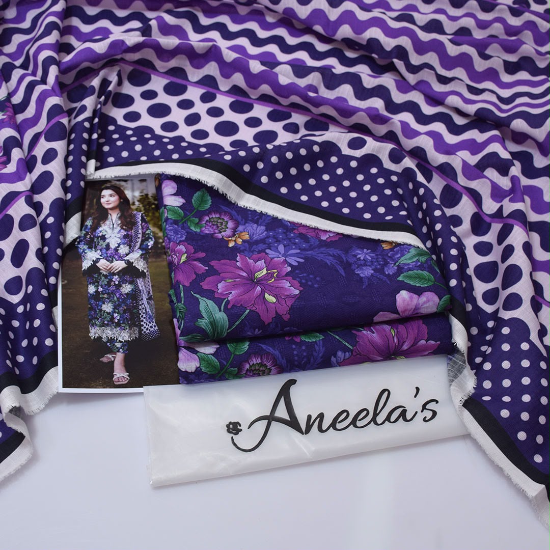 Aneela's Collection Purple Violet Digital Printed Khaddar 3 Piece Unstitched Suit - back view