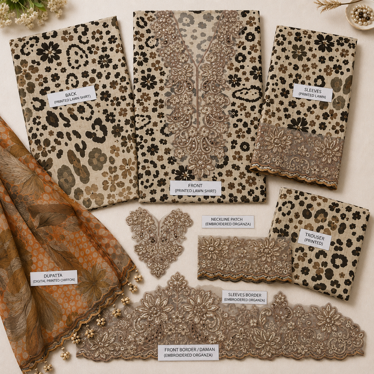 Beige Animal Print Embroidered 3 Piece Unstitched Lawn Suit – image 3 of 3