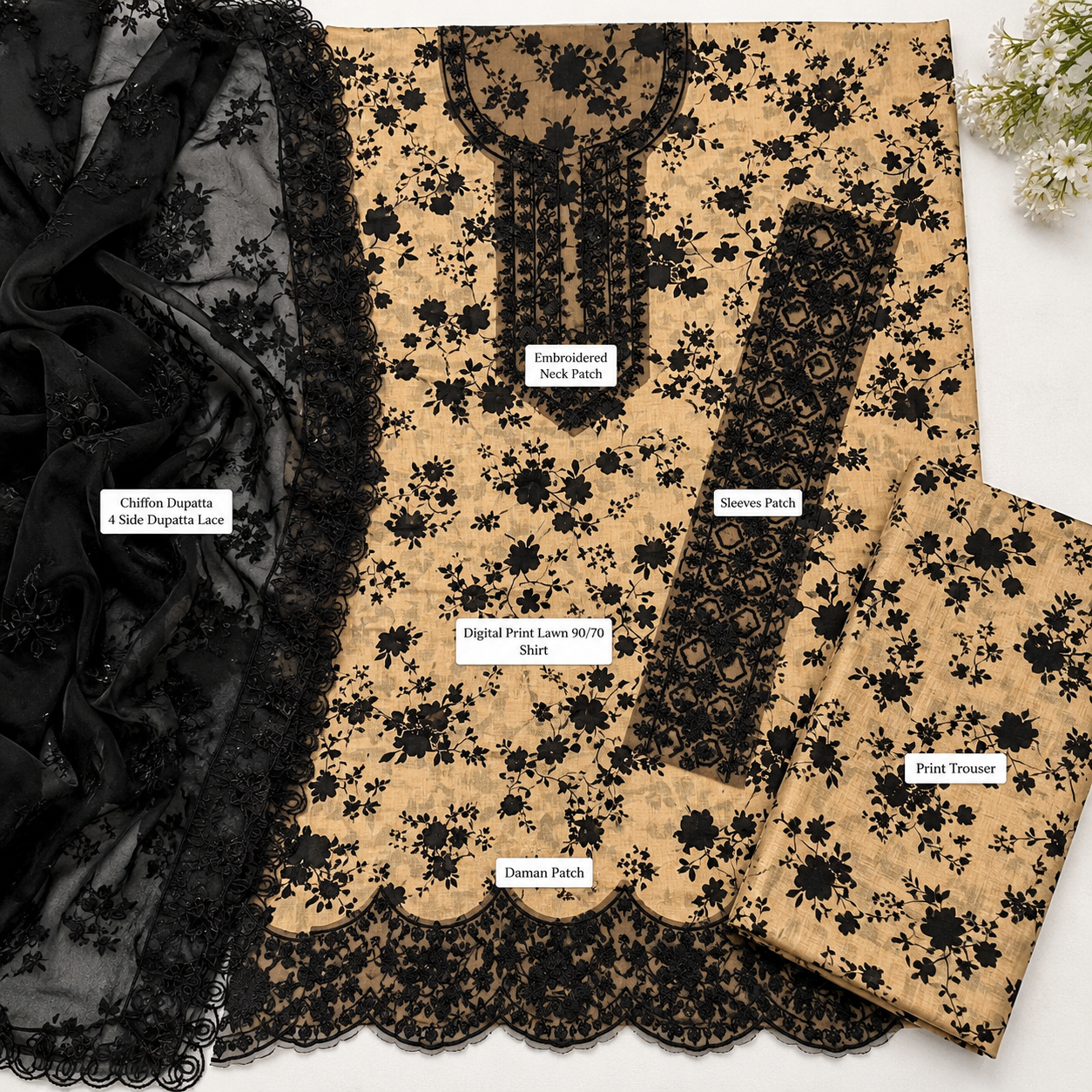 Cream Black Floral Digital Print 3 Piece Lawn Suit – Inspired by Aneela's – image 3 of 3