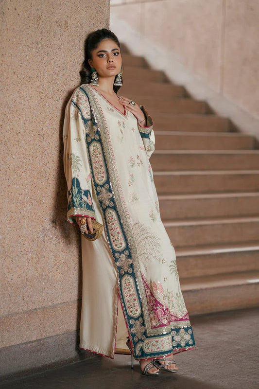 Ethnic Ivory Multicolor Embroidered Unstitched Shamooz Silk 3 Piece Suit – image 2 of 9