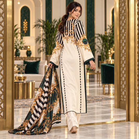 Lulusar Ivory Black Striped Printed Unstitched Shamooz Silk 3 Piece Suit – image 2 of 3
