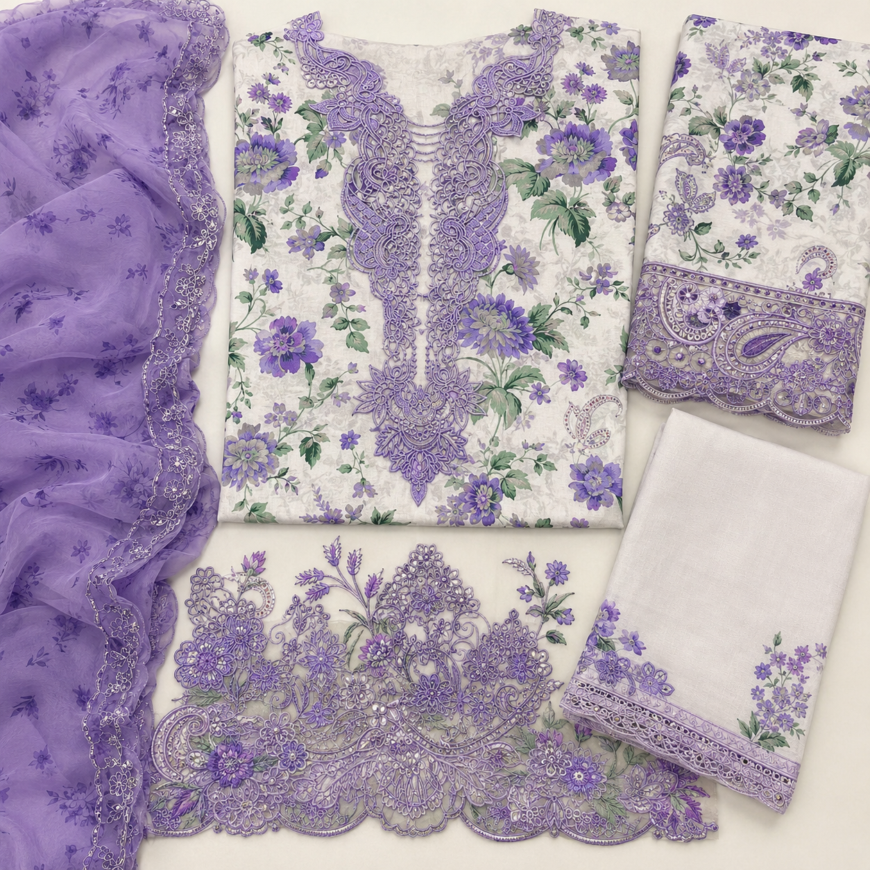 Ivory Purple Floral Digital Print 3 Piece Lawn Suit – Inspired by Nureh – image 3 of 3