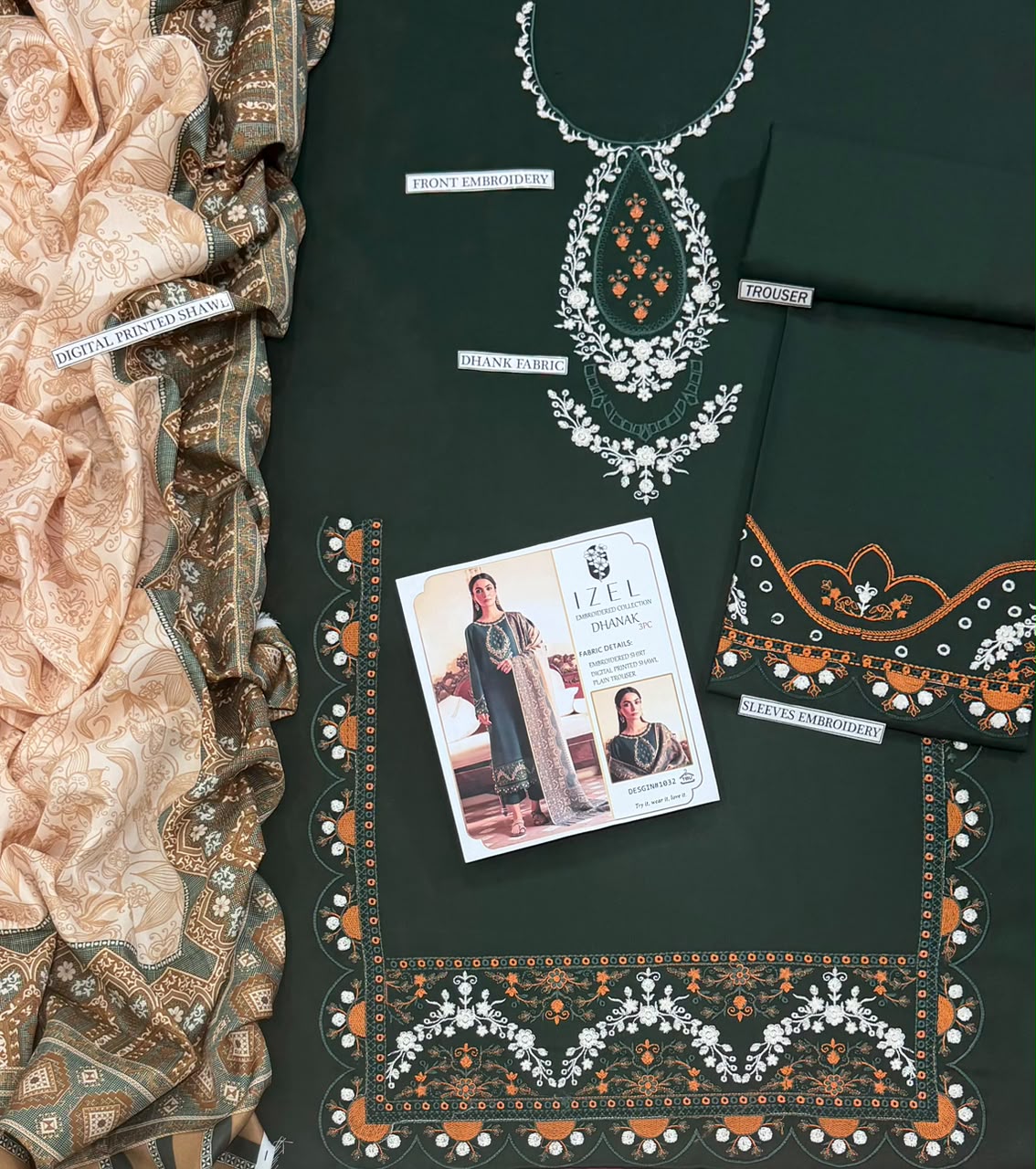 IZEL Dark Green Heavy Embroidered Unstitched Dhanak 3 Piece Suit with Digital Printed Shawl – image 4 of 4