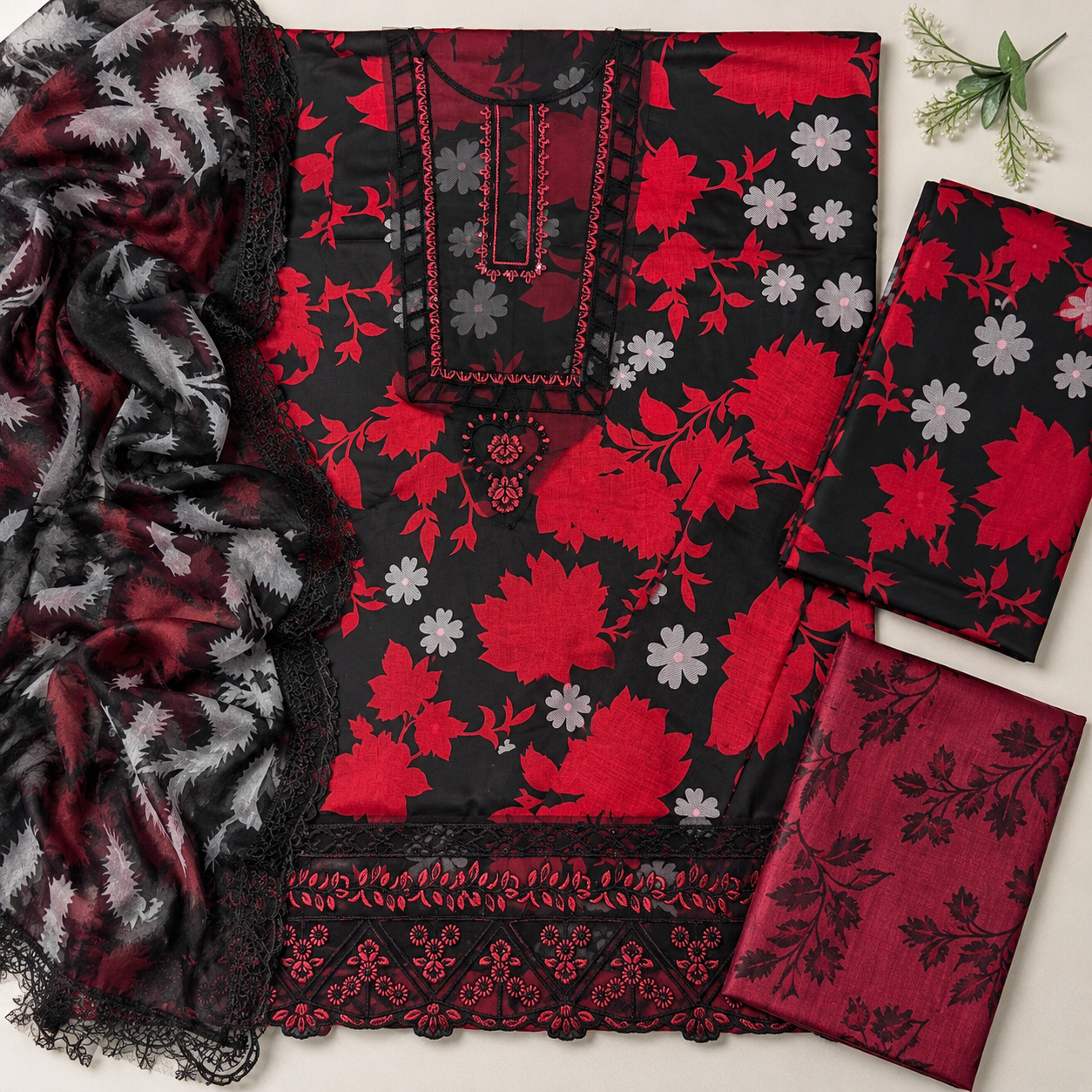 Maroon Black Floral Digital Print 3 Piece Lawn Suit – Inspired by Ramsha – image 3 of 3