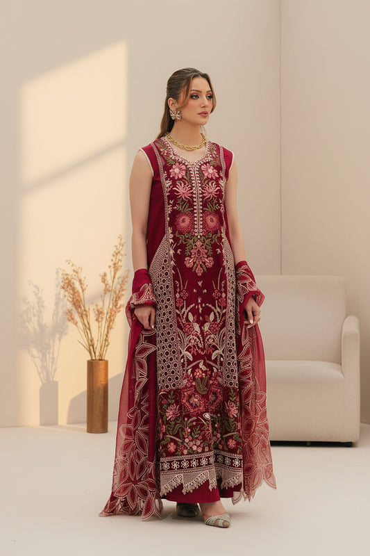Maroon Heavy Embroidered 3 Piece Lawn Suit – Inspired by Mahnur – image 2 of 6