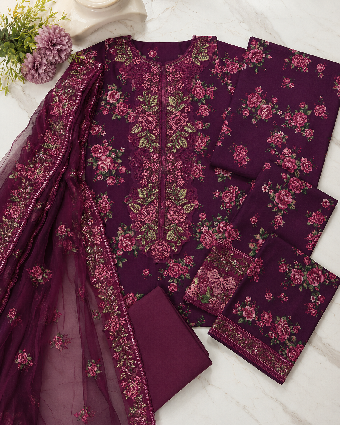 Purple Magenta Floral Embroidered 3 Piece Unstitched Lawn Suit – image 3 of 3