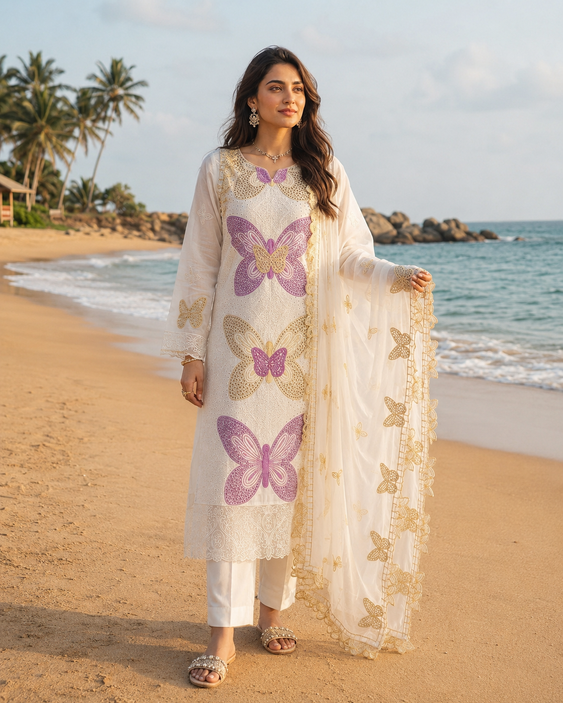 Butterfly 3D Embroidered 3 Piece Unstitched Lawn Suit with Khaadi Net Dupatta – image 3 of 6