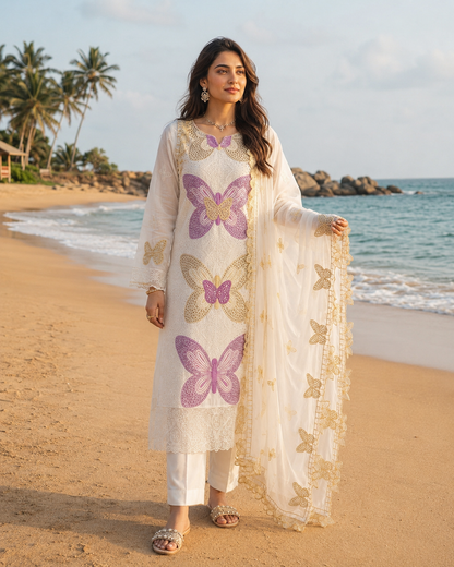 Butterfly 3D Embroidered 3 Piece Unstitched Lawn Suit with Khaadi Net Dupatta – image 3 of 6