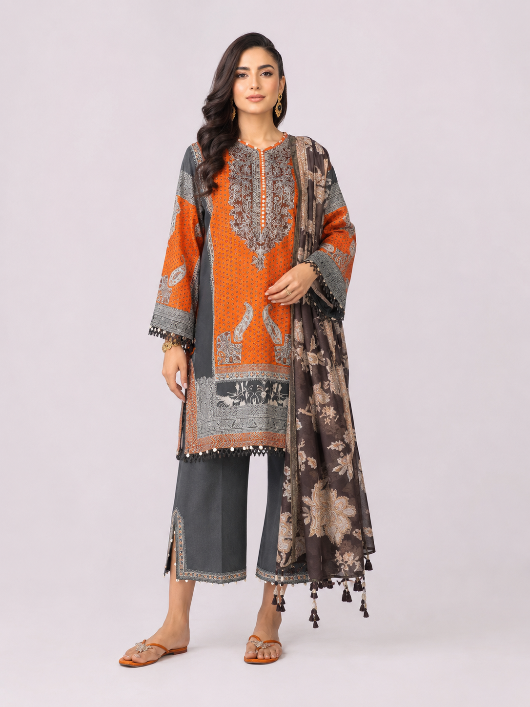 Orange Digital Print 3 Piece Unstitched Lawn Suit – image 1 of 3