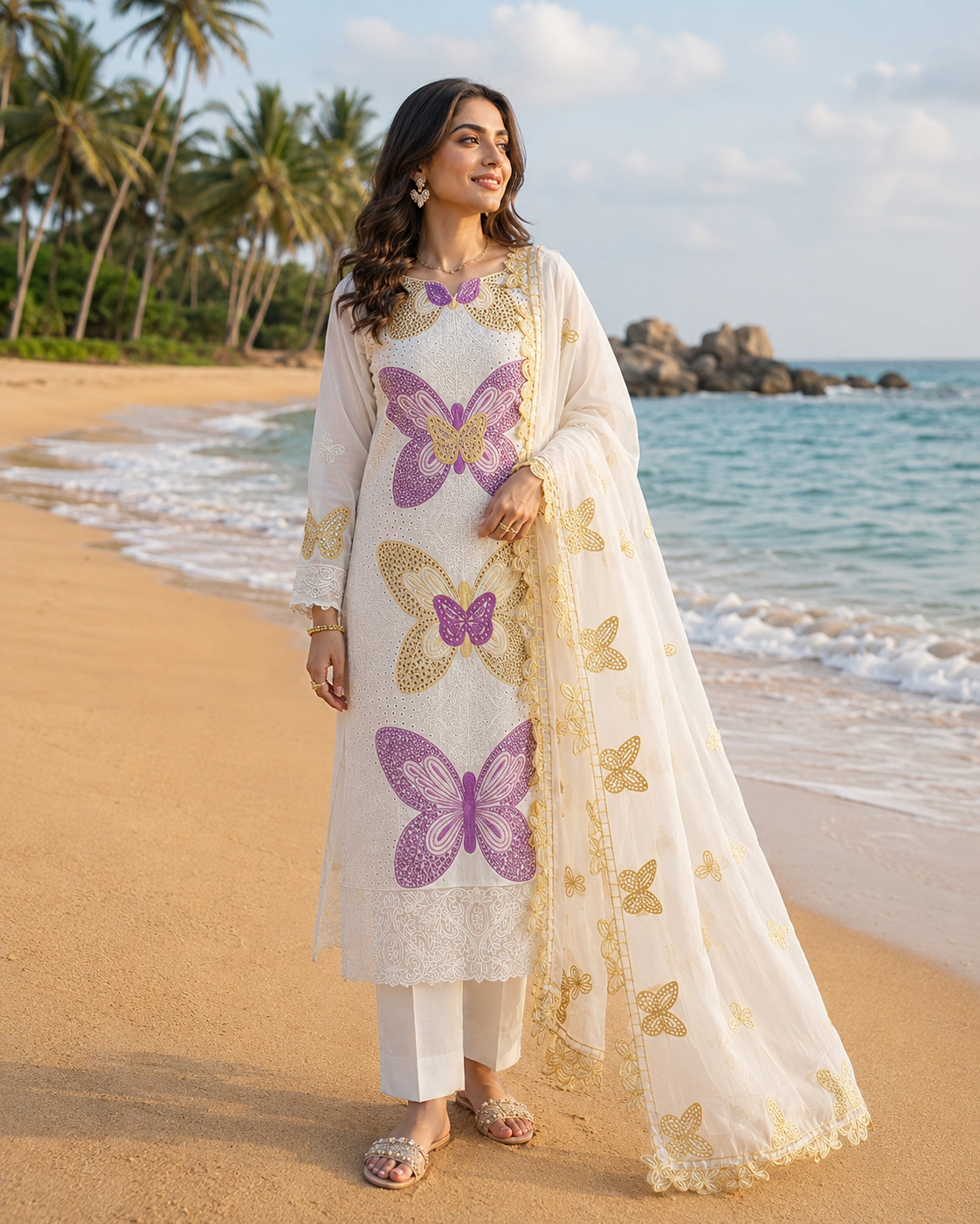 Butterfly 3D Embroidered 3 Piece Unstitched Lawn Suit with Khaadi Net Dupatta – image 1 of 6
