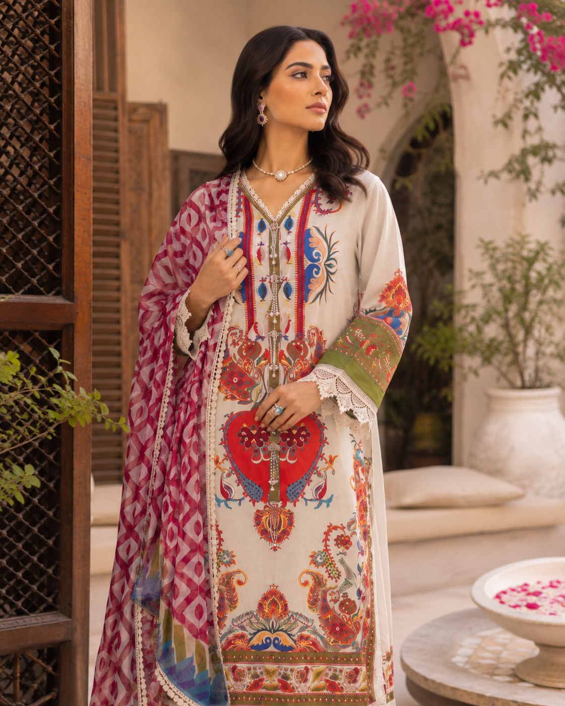 Cream Digital Print 3 Piece Unstitched Lawn Suit – image 2 of 3