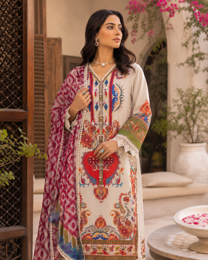 Cream Digital Print 3 Piece Unstitched Lawn Suit – image 2 of 3