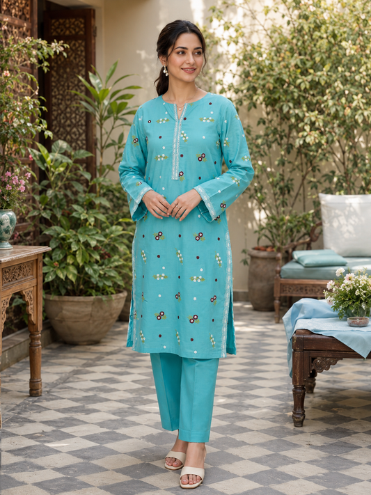 Turquoise Embroidered 2 Piece Unstitched Pure Lawn Suit – image 1 of 3
