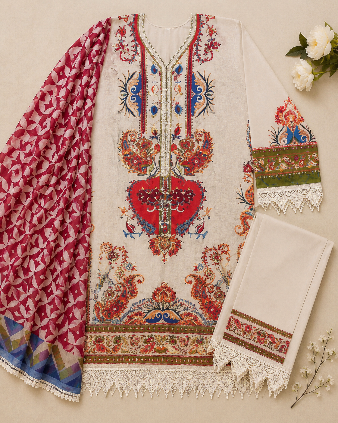 Cream Digital Print 3 Piece Unstitched Lawn Suit – image 3 of 3