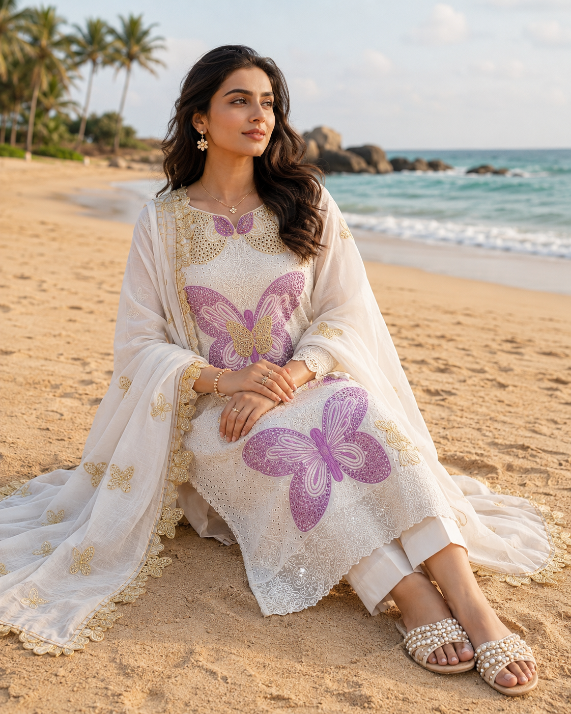 Butterfly 3D Embroidered 3 Piece Unstitched Lawn Suit with Khaadi Net Dupatta – image 2 of 6