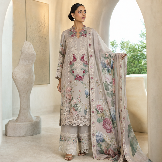 Pastel Floral Printed Lawn Suit with Lace Embroidered Neckline – Inspired by Elaf