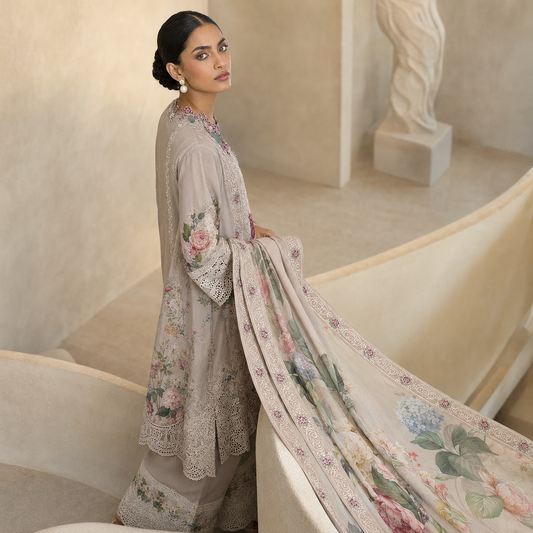 Pastel Floral Printed Lawn Suit with Lace Embroidered Neckline – Inspired by Elaf
