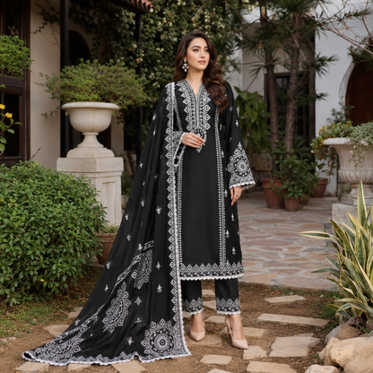 Black Embroidered 3 Piece Unstitched Lawn Suit – image 1 of 3