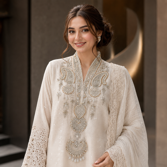 Ivory Heavy Embroidered Adda Work Chiffon 3 Piece Suit – Inspired by Maria B