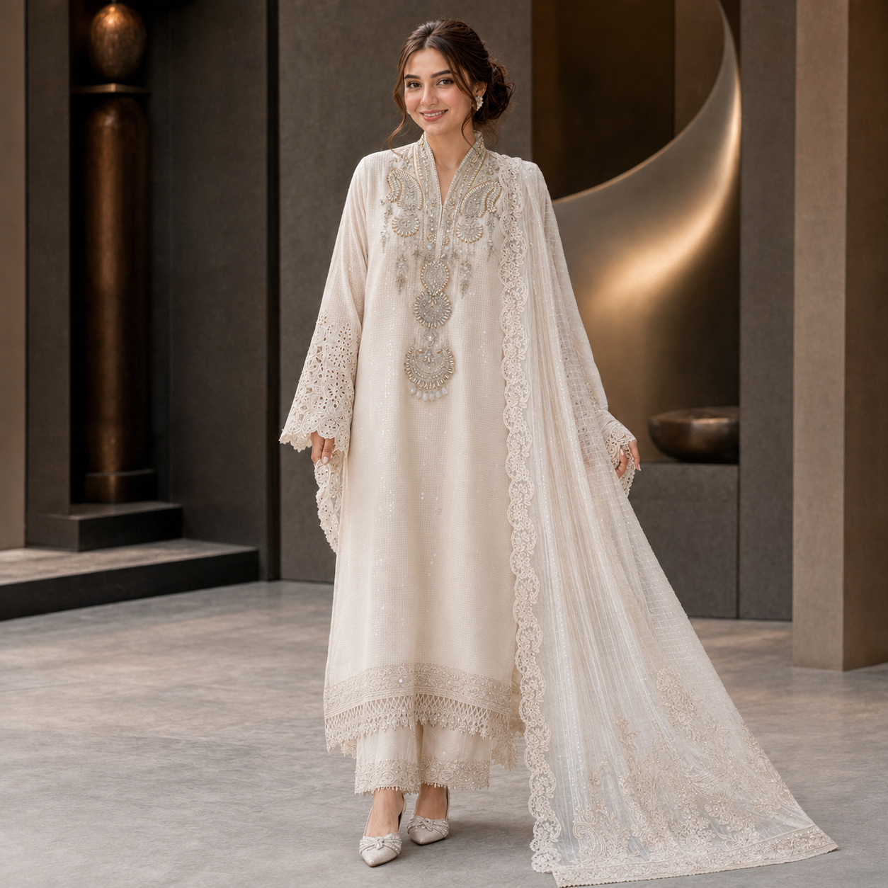 Ivory Heavy Embroidered Adda Work Chiffon 3 Piece Suit – Inspired by Maria B