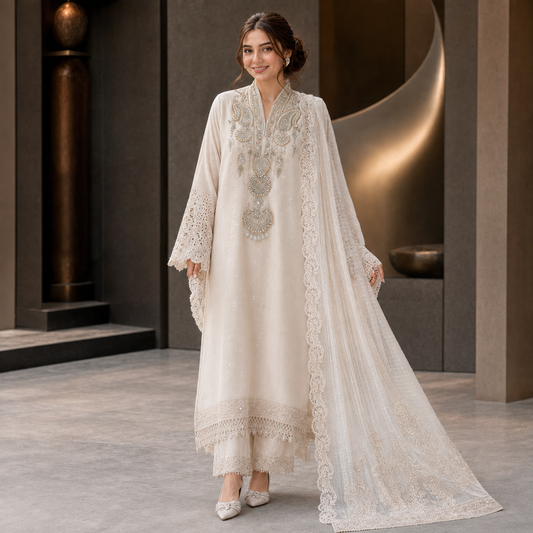 Ivory Heavy Embroidered Adda Work Chiffon 3 Piece Suit – Inspired by Maria B