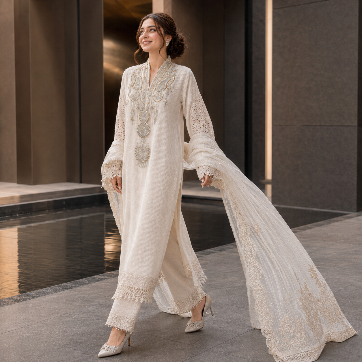 Ivory Heavy Embroidered Adda Work Chiffon 3 Piece Suit – Inspired by Maria B
