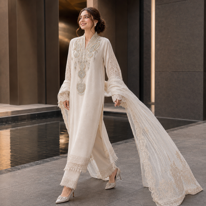 Ivory Heavy Embroidered Adda Work Chiffon 3 Piece Suit – Inspired by Maria B