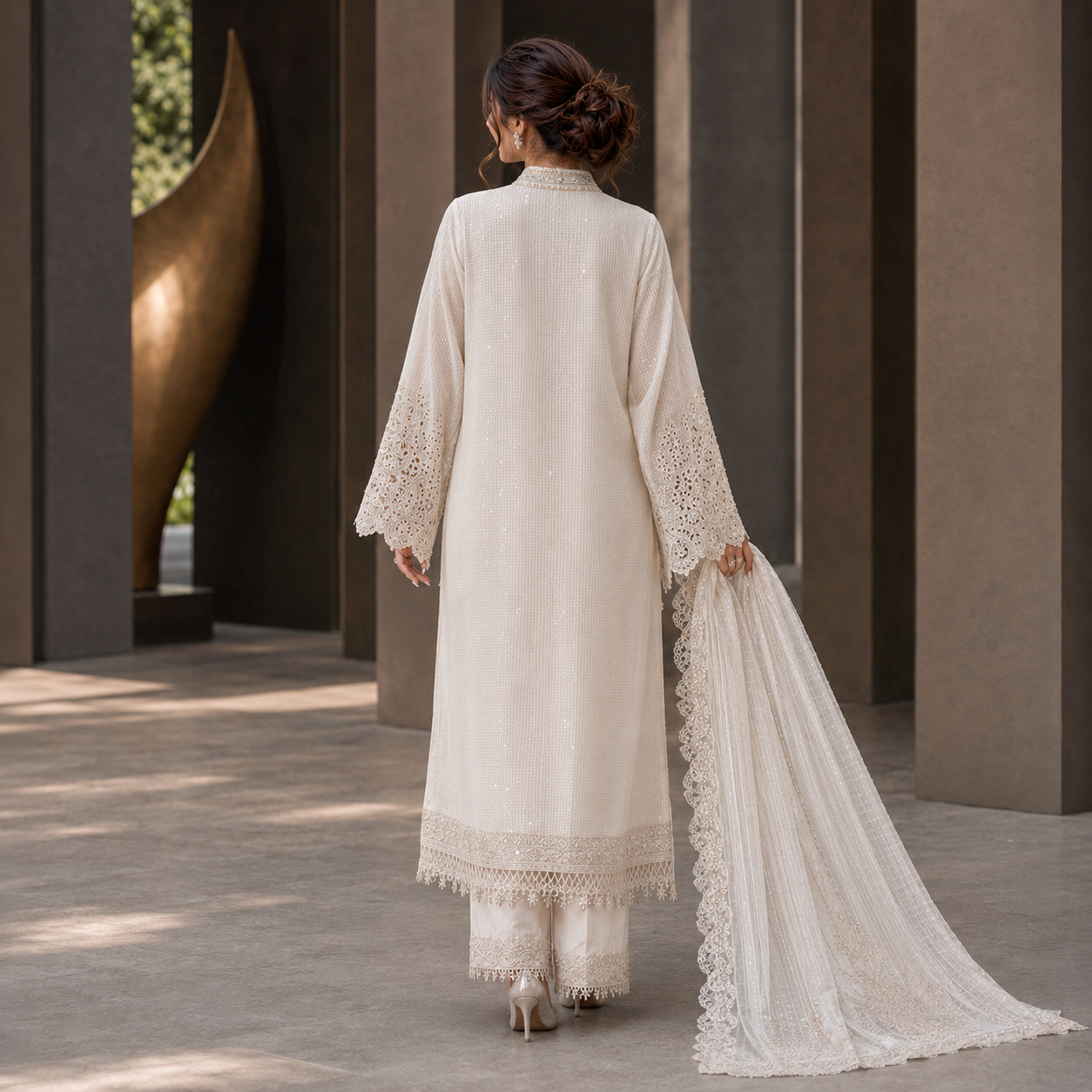 Ivory Heavy Embroidered Adda Work Chiffon 3 Piece Suit – Inspired by Maria B