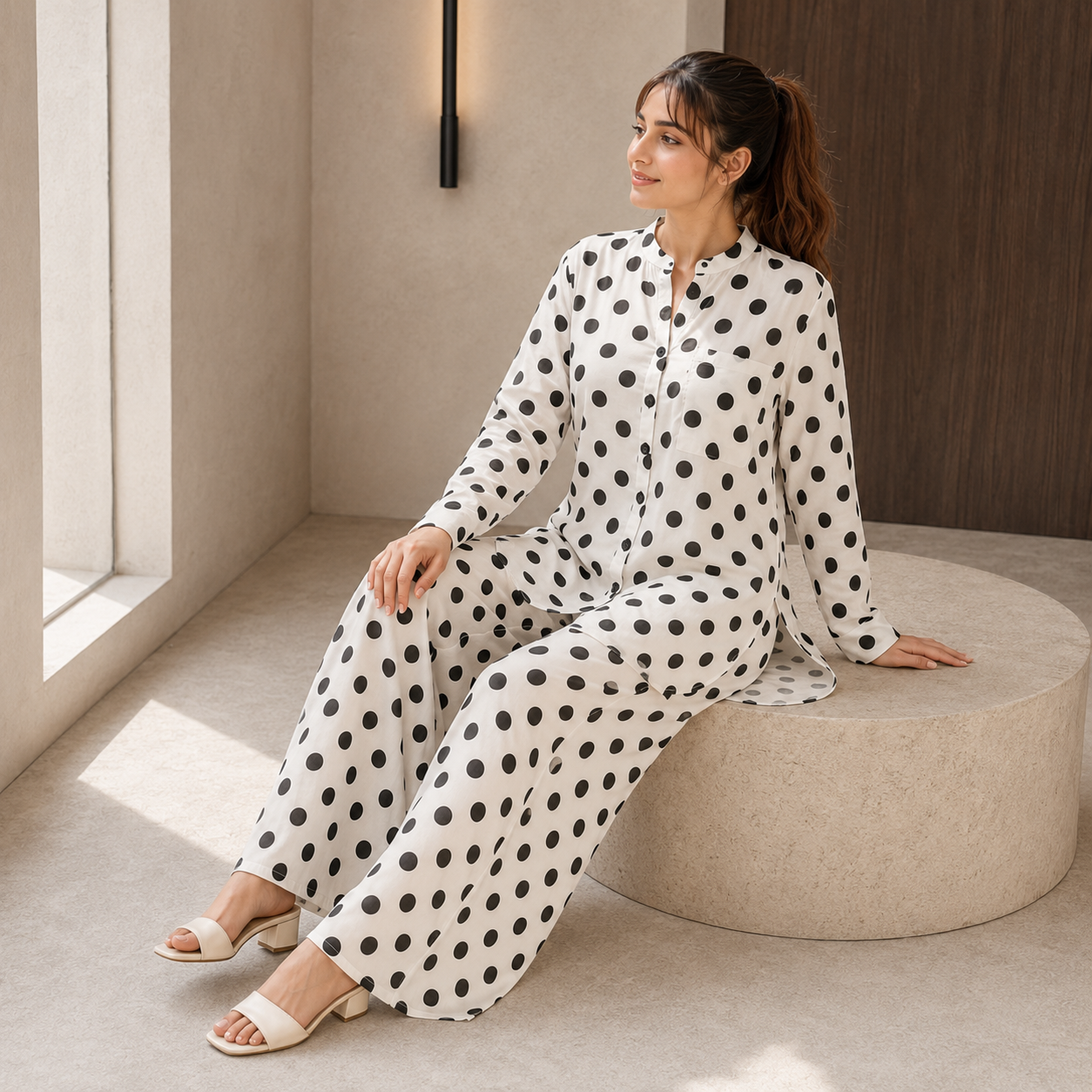 Ivory Black Polka Dot Printed 2 Piece Co-ord Set