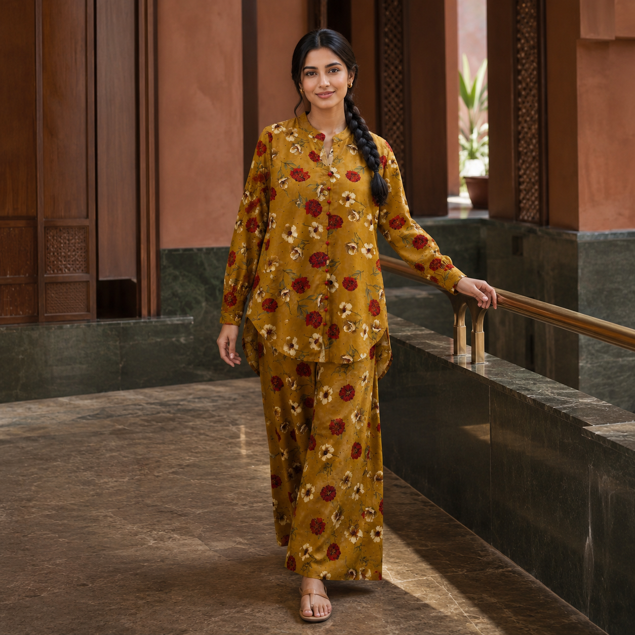 Mustard Floral Printed 2 Piece Co-ord Set