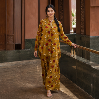 Mustard Floral Printed 2 Piece Co-ord Set