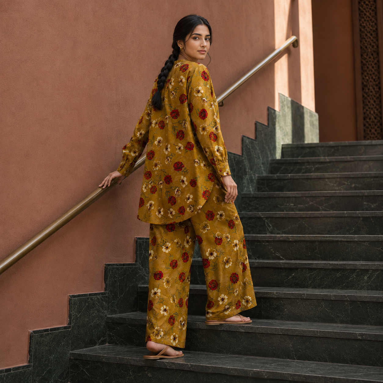 Mustard Floral Printed 2 Piece Co-ord Set