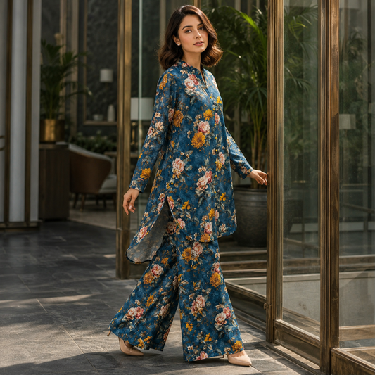Denim Blue Floral Printed 2 Piece Co-ord Set