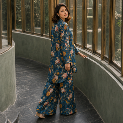 Denim Blue Floral Printed 2 Piece Co-ord Set