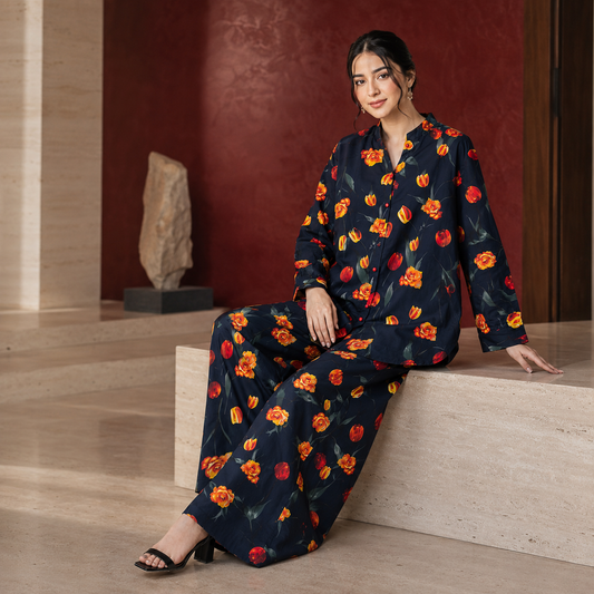 Navy Tulip Printed 2 Piece Co-ord Set