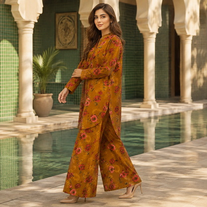 Mustard Rose Floral Printed 2 Piece Co-ord Set