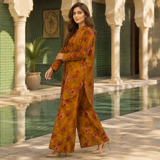 Mustard Rose Floral Printed 2 Piece Co-ord Set