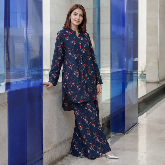 Navy Rose Trellis Printed 2 Piece Co-ord Set