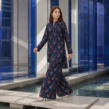 Navy Rose Trellis Printed 2 Piece Co-ord Set