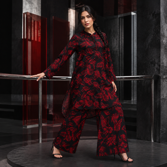 Black Red Feather Printed 2 Piece Co-ord Set