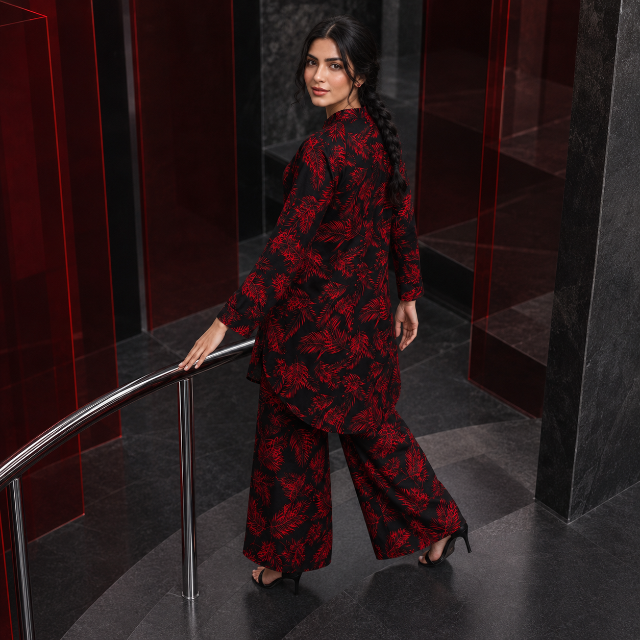 Black Red Feather Printed 2 Piece Co-ord Set