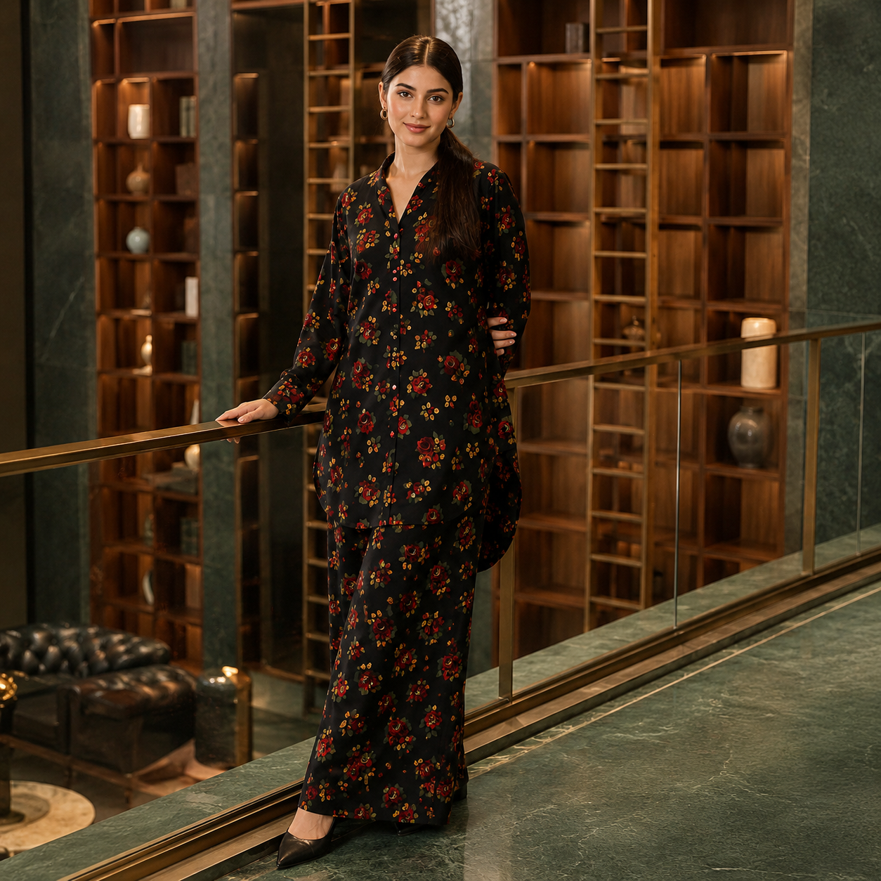 Black Gold Rose Printed 2 Piece Co-ord Set