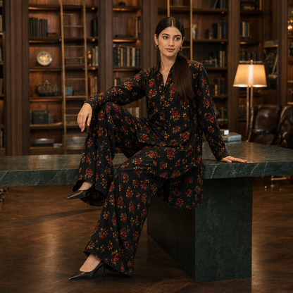 Black Gold Rose Printed 2 Piece Co-ord Set