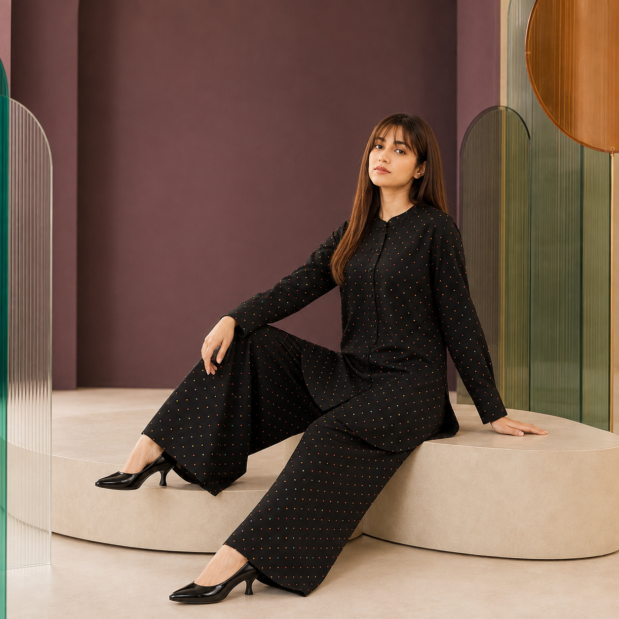 Black Rainbow Polka Dot Printed 2 Piece Co-ord Set