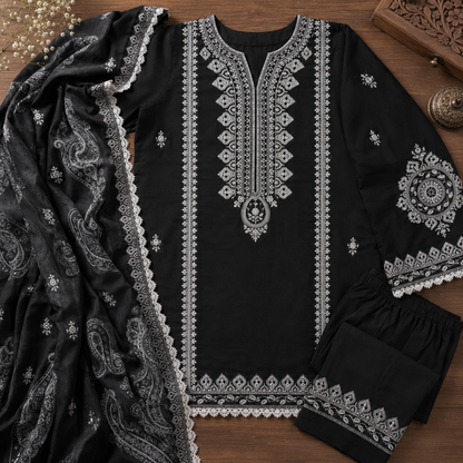 Black Embroidered 3 Piece Unstitched Lawn Suit – image 3 of 3