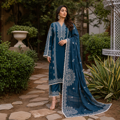 Teal Embroidered 3 Piece Unstitched Lawn Suit – image 1 of 3